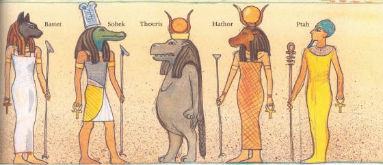 Billede af : Baster, Sobek, Thoeris, Hathor, Ptah